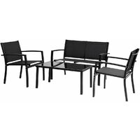 Habitat Et Jardin – Salon de jardin bas 4 places – métal et textilène – table en verre noir – fauteuils confortables – résistant aux intempéries