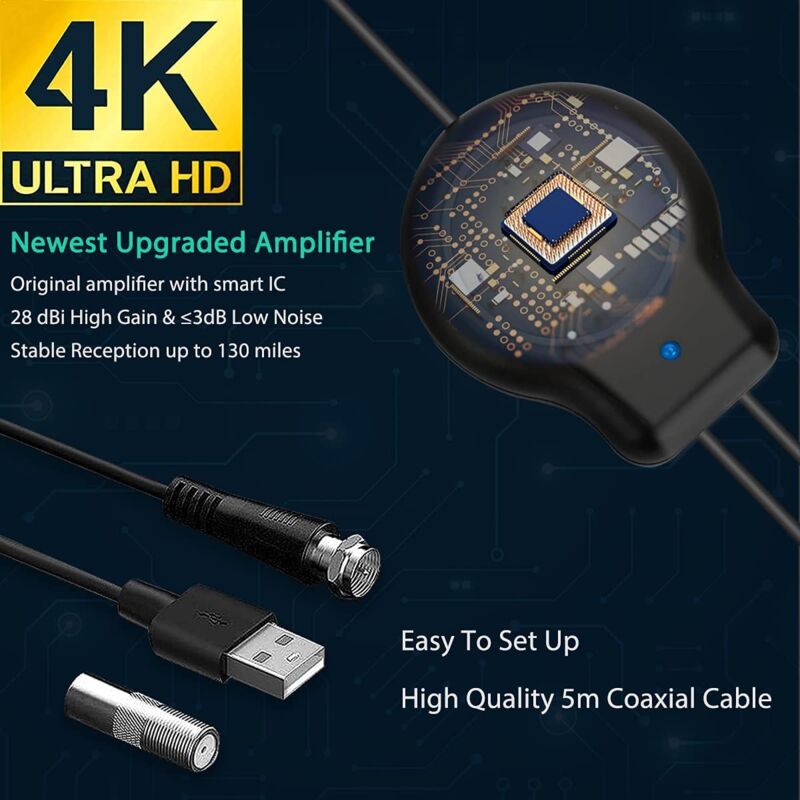 Antenna TV Interna Amplificata 2026 – Ricezione 600+ Km, 4K/8K, Cavo 10 M, Supporto DVB-T2