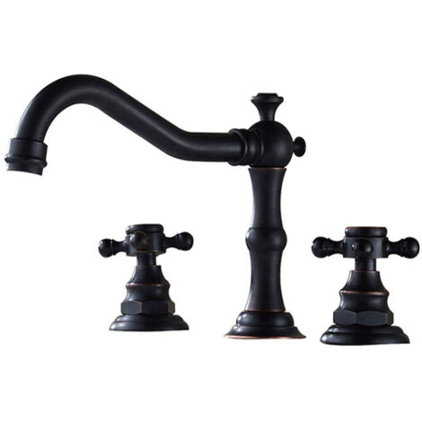 Rubinetto per bagno a 3 fori, rubinetto per lavabo da bagno in ottone anticato nero opaco, doppia maniglia, rubinetto per bagno vintage (1/4)