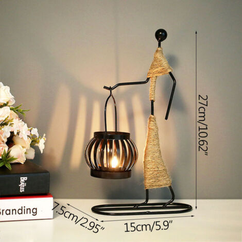 Set di 2 portacandele retrò in ferro nero per tavoli, portacandele vintage a forma di bambina con corda di canapa per la casa, San Valentino, matrimonio, decorazione natalizia -A