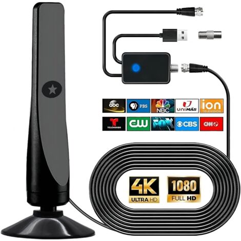Antenna TV digitale, potente antenna HDTV interna ed esterna con amplificatore, antenna TV con ricezione a 360° e 50 miglia, supporto 4K 1080P, TV gratuita DVB-T2 VHF UHF, cavo coassiale da 5 m