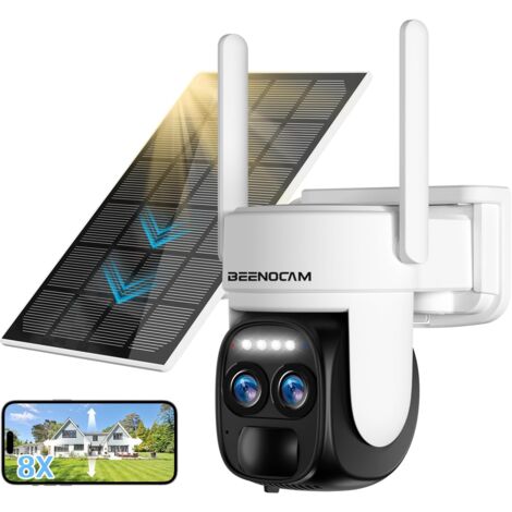 [Zoom ibrido 8X] Telecamera di sorveglianza solare WiFi esterna wireless 4K 5Dbi Telecamera IP a batteria PTZ 360° con pannello solare Rilevamento umano AI Visione notturna a colori Sirena Audio bidir