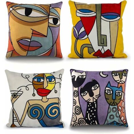 Set di 4 copricuscini Picasso 45x45 cm in cotone e lino ricamati copricuscini per divano scandinavi decorazione soggiorno camera da letto letto sedia da ufficio design astratto motivo viso vintage col