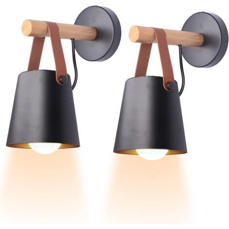 Set di 2 lampade da parete per interni minimaliste vintage, applique moderna E27 con paralume in metallo e supporto in legno per camera da letto, studio e corridoio (nero)