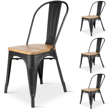 Kosmi - Set di 4 sedie in metallo nero opaco con seduta in legno chiaro - Stile industriale