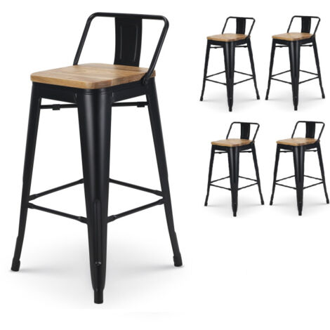 Set di 4 sgabelli da bar in metallo nero opaco in stile industriale con schienale e seduta in legno chiaro - Altezza 66 cm