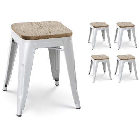 Set 4 sgabelli in metallo bianco opaco in stile industriale e seduta in legno chiaro - Altezza 46 cm