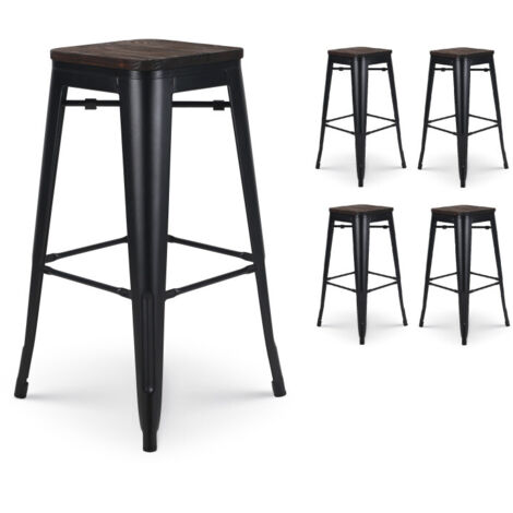 SKU AUC AMZ Set di 4 Sgabelli da Bar in Metallo Nero Opaco in Stile Industriale e Seduta in Legno Scuro - Altezza 76 cm (1/5)