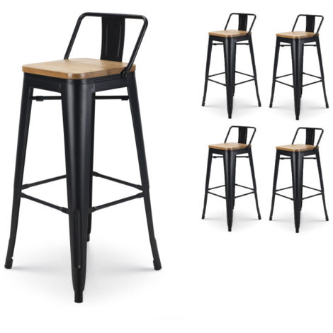Set 4 sgabelli da bar in metallo nero opaco stile industriale con schienale e seduta in legno chiaro - Altezza 76 cm