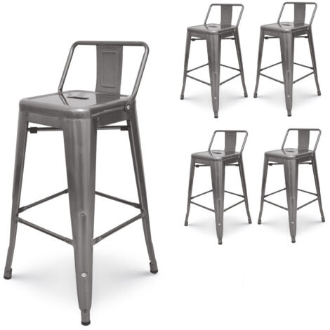 Set di 4 sgabelli da bar in metallo grezzo zincato stile industriale - Con schienale - Altezza 66 cm