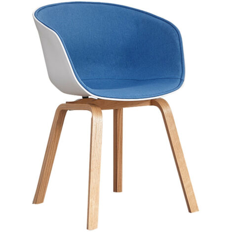 Cómoda silla escandinava - Carcasa de resina blanca tapizada en suave tela azul y patas de madera (1/5)