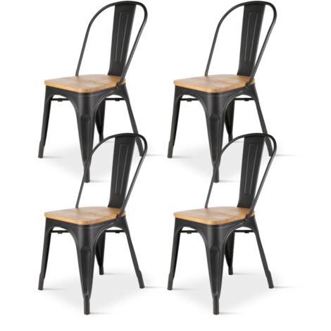 SKU CDISCOUNT Set de 4 Sillas de Metal Negro Mate con Asiento de Madera Clara - Estilo Industrial (1/5)