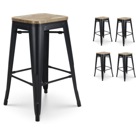 Conjunto de 4 taburetes de bar de metal negro mate de estilo industrial y asiento de madera clara - Altura 66 cm (1/4)