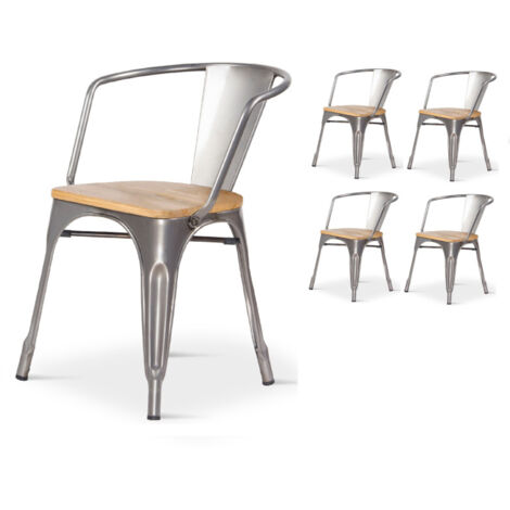 Conjunto de 4 Sillas de Metal Crudo de Estilo Industrial con Asiento de Madera Clara - Con Reposabrazos (1/3)