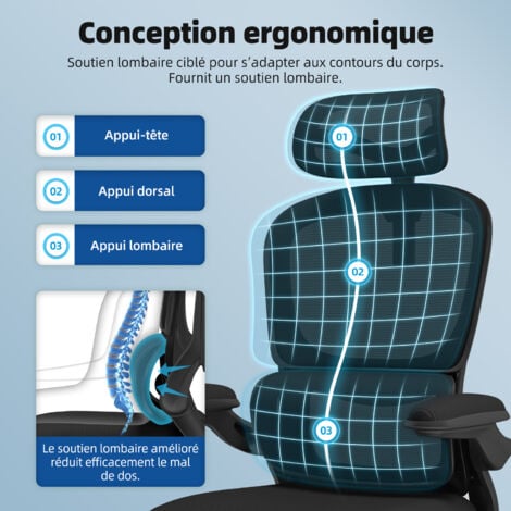 Chaise de Bureau Inclinable, Réglable en Hauteur, Fauteuil de Bureau avec Accoudoir Pliable, Soutien Lombaire Ajustable Charge-noir