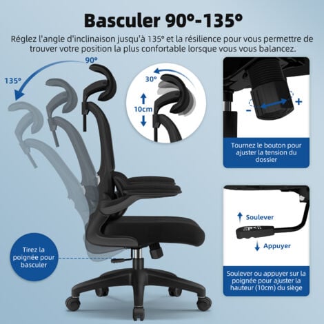 Chaise de Bureau Inclinable, Réglable en Hauteur, Fauteuil de Bureau avec Accoudoir Pliable, Soutien Lombaire Ajustable Charge-noir