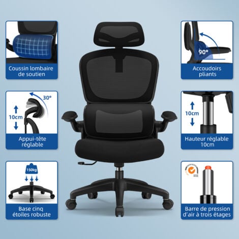 Chaise de Bureau Inclinable, Réglable en Hauteur, Fauteuil de Bureau avec Accoudoir Pliable, Soutien Lombaire Ajustable Charge-noir