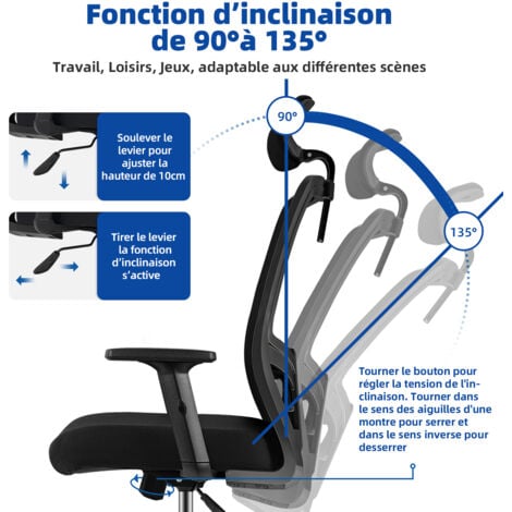 Chaise de Bureau-Chaise Bureau Ergonomique-Inclinable de 90 à 130°-Réglables Appuie-tête,Soutien Lombaire et Accoudoirs