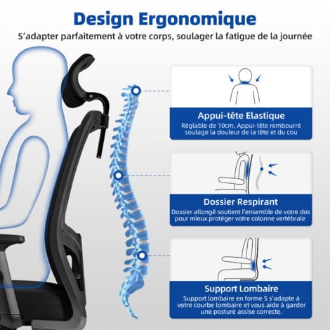 Chaise de Bureau-Chaise Bureau Ergonomique-Inclinable de 90 à 130°-Réglables Appuie-tête,Soutien Lombaire et Accoudoirs