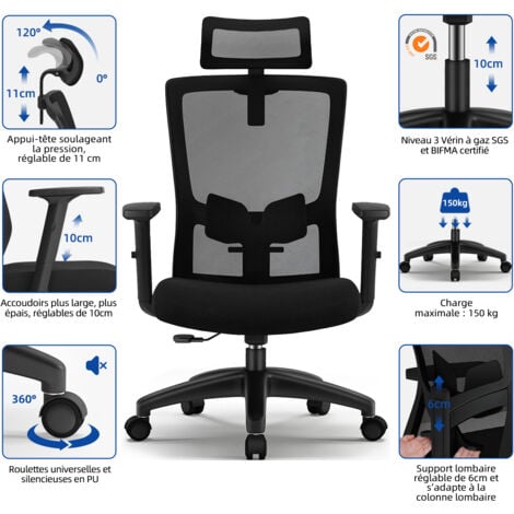 Chaise de Bureau-Chaise Bureau Ergonomique-Inclinable de 90 à 130°-Réglables Appuie-tête,Soutien Lombaire et Accoudoirs
