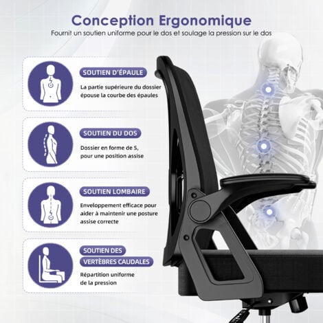 Fauteuil de bureau ergonomique avec accoudoirs relevables, support lombaire mémoire de forme - chaise de bureau confortable et réglable, siège ergonomique idéal pour travail et gaming