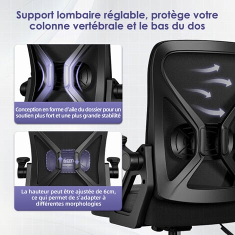 Fauteuil de bureau ergonomique avec accoudoirs relevables, support lombaire mémoire de forme - chaise de bureau confortable et réglable, siège ergonomique idéal pour travail et gaming
