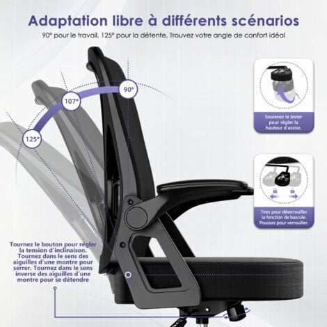 Fauteuil de bureau ergonomique avec accoudoirs relevables, support lombaire mémoire de forme - chaise de bureau confortable et réglable, siège ergonomique idéal pour travail et gaming