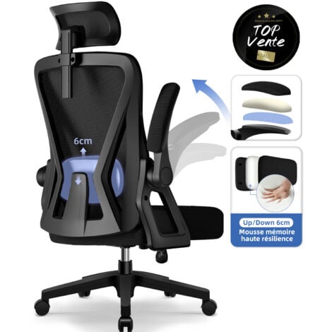 Fauteuil de bureau ergonomique avec accoudoirs relevables，chaise de bureau confortable et réglable, support lombaire mémoire de forme-noir