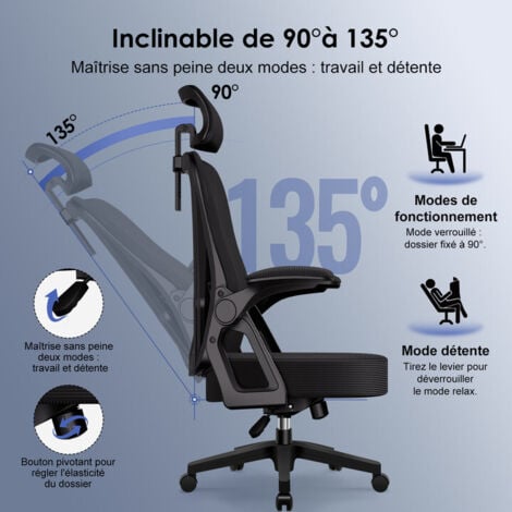 Fauteuil de bureau ergonomique avec accoudoirs relevables，chaise de bureau confortable et réglable, support lombaire mémoire de forme-noir
