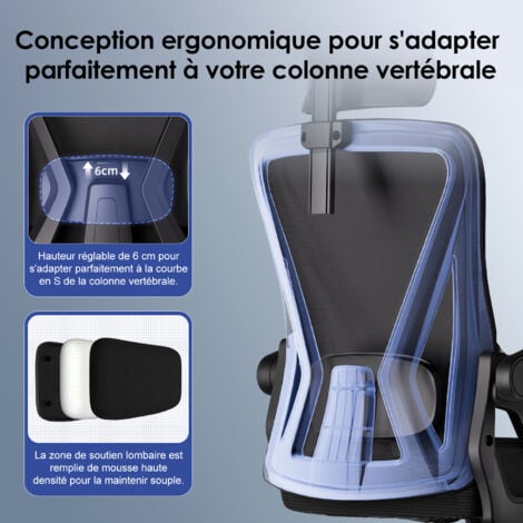 Fauteuil de bureau ergonomique avec accoudoirs relevables，chaise de bureau confortable et réglable, support lombaire mémoire de forme-noir