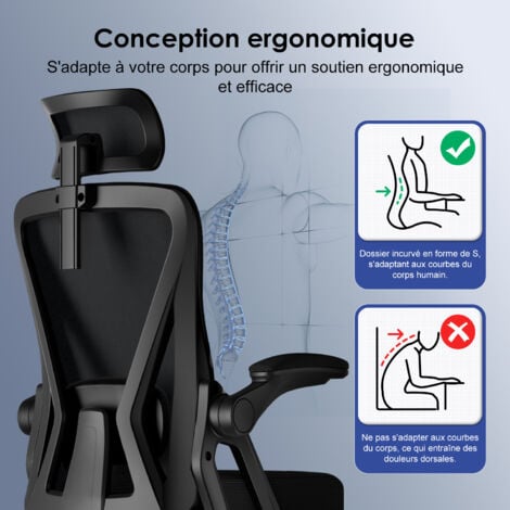 Fauteuil de bureau ergonomique avec accoudoirs relevables，chaise de bureau confortable et réglable, support lombaire mémoire de forme-noir
