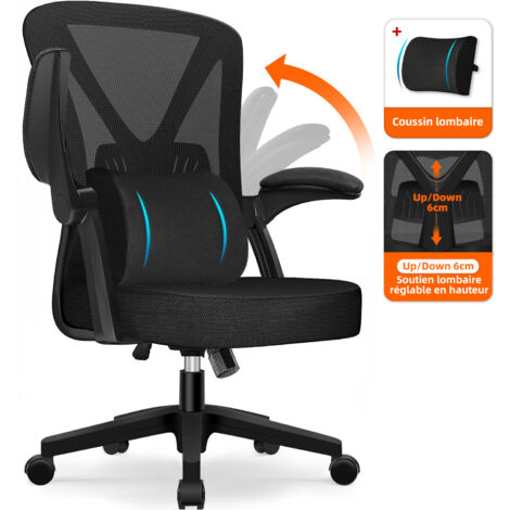 Authmic – Fauteuil de bureau ergonomique – Accoudoirs relevables – Support lombaire réglable 6 cm – Inclinaison jusqu'à 135° – Coussin d'assise mousse haute densité