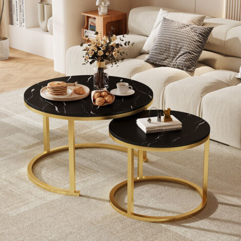 AUTHMIC – Lot de 2 tables basses gigognes rondes pour salon, chambre ou petit espace (effet marbre noir et finitions dorées)