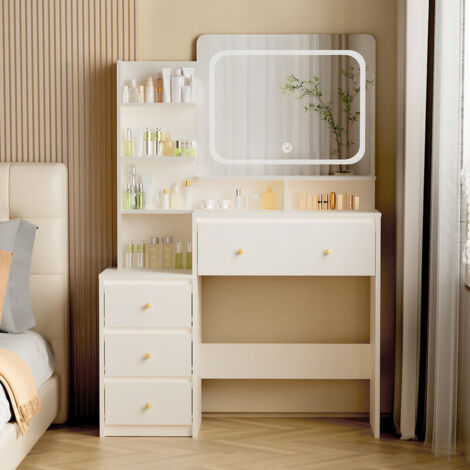 Coiffeuse avec Miroir, Éclairage LED à 3 Modes, Luminosité Réglable, 92.6x132x36 cm, Table de Maquillage avec 4 Tiroirs et 5 Étagères de Rangement, Style Moderne, Blanc-AUTHMIC (1/5)