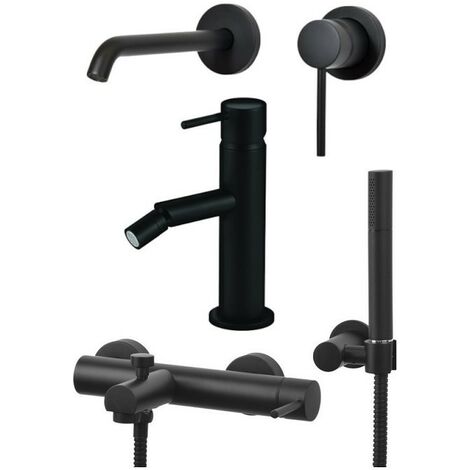 Kit Accesorios Para Baño + Mezcladora En Color Negro Mate. Incluye