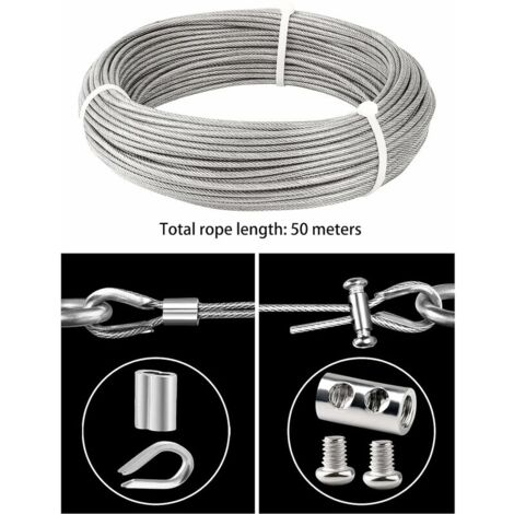 Ulisem Cable Inox 3mm,50M/3mm Corde en Acier Inoxydable,Cable en Acier Revêtu avec Serre-Câbles,M3 Manchons,Cosses en Acier Inoxydable,3mm Cable Métallique pour Fil a linge,Cable de Garde Corps