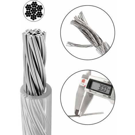 Ulisem Cable Inox 3mm,50M/3mm Corde en Acier Inoxydable,Cable en Acier Revêtu avec Serre-Câbles,M3 Manchons,Cosses en Acier Inoxydable,3mm Cable Métallique pour Fil a linge,Cable de Garde Corps