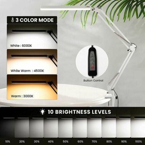 Ulisem Lampe de Bureau LED, Lampe de Table Architecte Pliable avec Pince, 10 Niveaux de Luminosité X 3 Modes de Couleur, Lampe de table Réglable, Protection des Yeux, 5V/2A CE Adaptateur Incluse