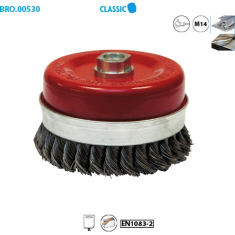 Spazzola conica per smerigliatrice filo d'acciaio ritorto 0,50 mm D. 65 mm M14 per metallo - Sverniciatura extra dura - LEMAN - 530.065V