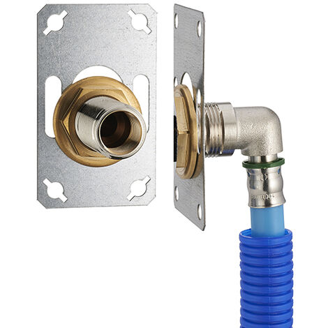 FIXSYSTEM semplice: kit completo per il fissaggio di un rubinetto a parete singolo M1/2' (15x21) Gomito di alimentazione da crimpare su tubo NOYON & THIEBAULT PER - Ø 16 mm, uscita femmina 1/2' (15x21