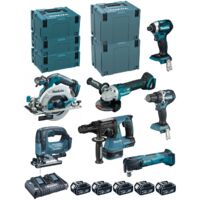 Confezione da 7 macchine 18V - trapano DDF484 + avvitatore DTD154 + smerigliatrice DGA506 + sega DHS680 + perforatore DHR243 + fresa DTM51 + sega DJV182 - MAKITA - con 5 batterie 18V 5Ah + 2 caricator