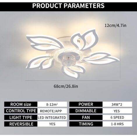 Ganeed 68cm Ventilador Techo con Luz Silenciosa Moderna Lampara Ventilador Infantil Reversible Motor DC Ventiladores Led Techo Regulable Flor Plafon Led Techo para Dormitorio Salón Cocina,Blanco