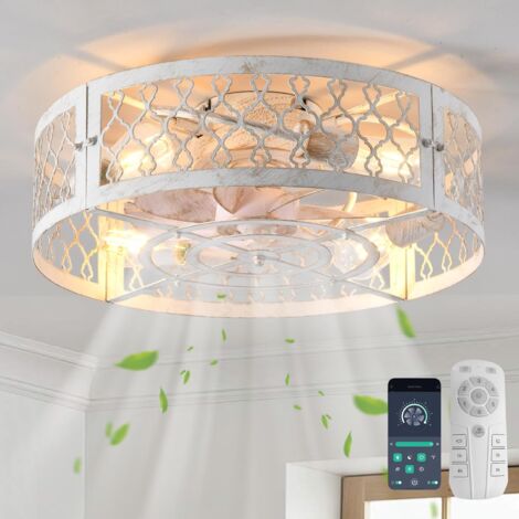 Luces Ventilador de Techo de Estilo Industrial 50cm Iluminación Metálica Enjaulada E27 Montaje Empotrado con Mando a Distancia Blanco 4 Luces