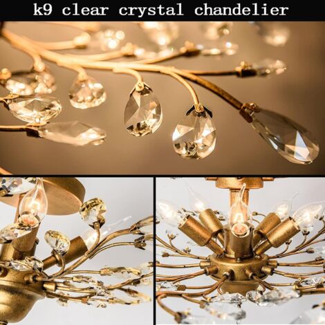 Ganeed Candelabros de cristal transparente K9 vintage Iluminación de techo Iluminación colgante Accesorio empotrado para sala de estar Comedor Restaurante Porche Pasillo Oro 4 luces