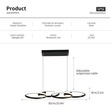 Ganeed Moderne LED Pendelleuchte 4 Ringe Dimmbar LED Kronleuchter Leuchte mit Fernbedienung Verstellbarer Hängeleuchter für Esszimmer Wohnzimmer Küche Bar (50W Schwarz)