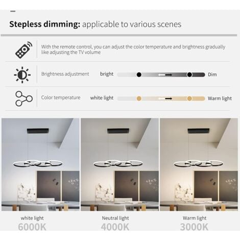 Ganeed Moderne LED Pendelleuchte 4 Ringe Dimmbar LED Kronleuchter Leuchte mit Fernbedienung Verstellbarer Hängeleuchter für Esszimmer Wohnzimmer Küche Bar (50W Schwarz)