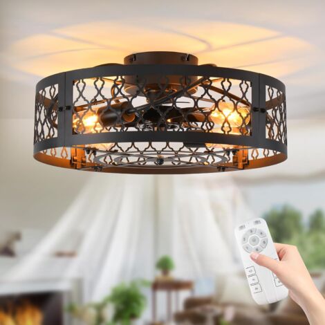 Ganeed Deckenleuchte mit Ventilator Industrieller Stil Bauernhaus Deckenventilator 50cm Mattmetall Käfigbeleuchtung E27 Unterputzmontage mit Fernbedienung 4 Lichter (1/5)