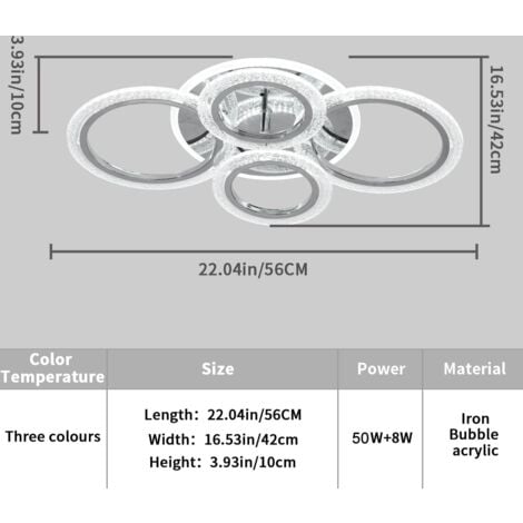 Ganeed Moderne Deckenleuchte 58W Dimmbare Unterputz-LED-Deckenleuchte 4 Ringe Acryl-Deckenleuchter für Wohnzimmer, Esszimmer, Schlafzimmer, Chrom