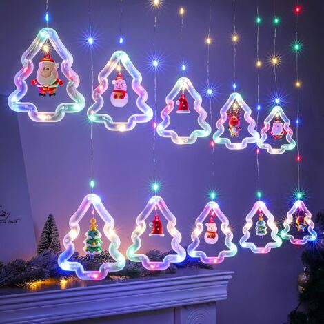 Lichterkettenvorhang Fenster Weihnachtsdeko, Weihnachtsbaum Lichtervorhang mit Weihnachtsschmuck, Weihnachtsbeleuchtung Fenster Lichterkette Innen 8 Modi Bunt [Energieklasse G]
