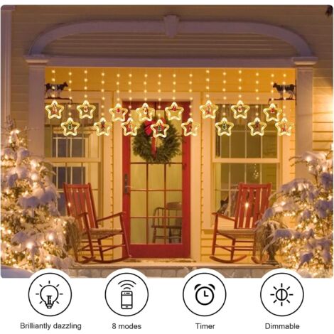 Lichterkettenvorhang Fenster Weihnachtsdeko, Sterne Lichtervorhang mit Weihnachtsschmuck, Weihnachtsbeleuchtung Fenster Lichterkette Innen 3m 8 Modi USB Mit Fernbedienung Warmweiß